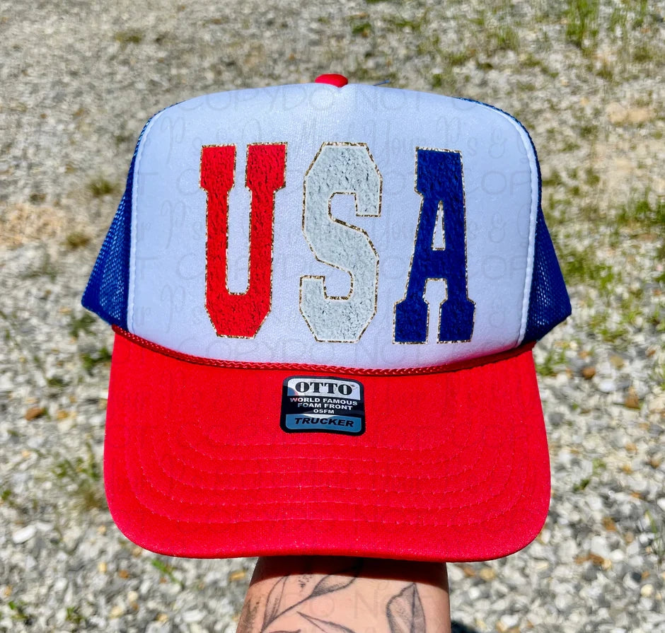 Faux Embroidery USA Trucker Hat